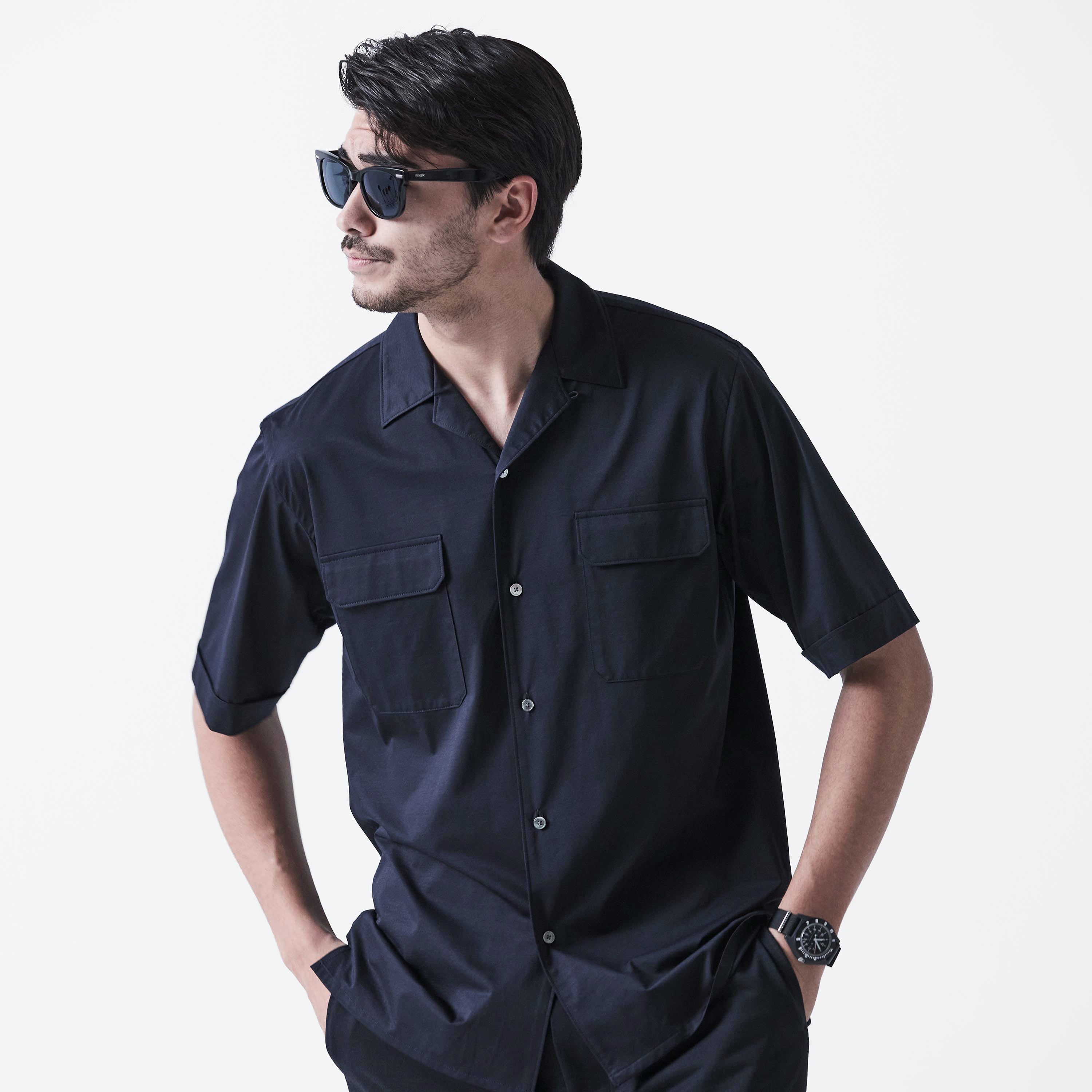Super Sapphire Cotton Jersey ジャストルーズオープンカラーシャツ 